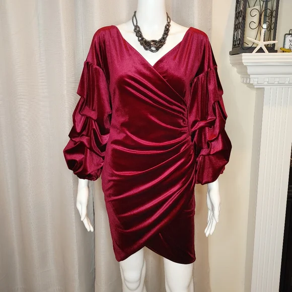 Velvet Ruched Draped Puff Exaggerated Sleeves Mini Dress, Burgundy L - Picture 4 of 10